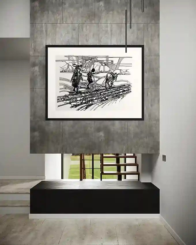 Framed "Ground Notes" art print by Obada Gabir hanging in concrete wall and landing