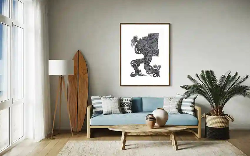 "Tangled Echoes" art print displayed above blue sofa in modern living room with wooden surfboard and palm plant