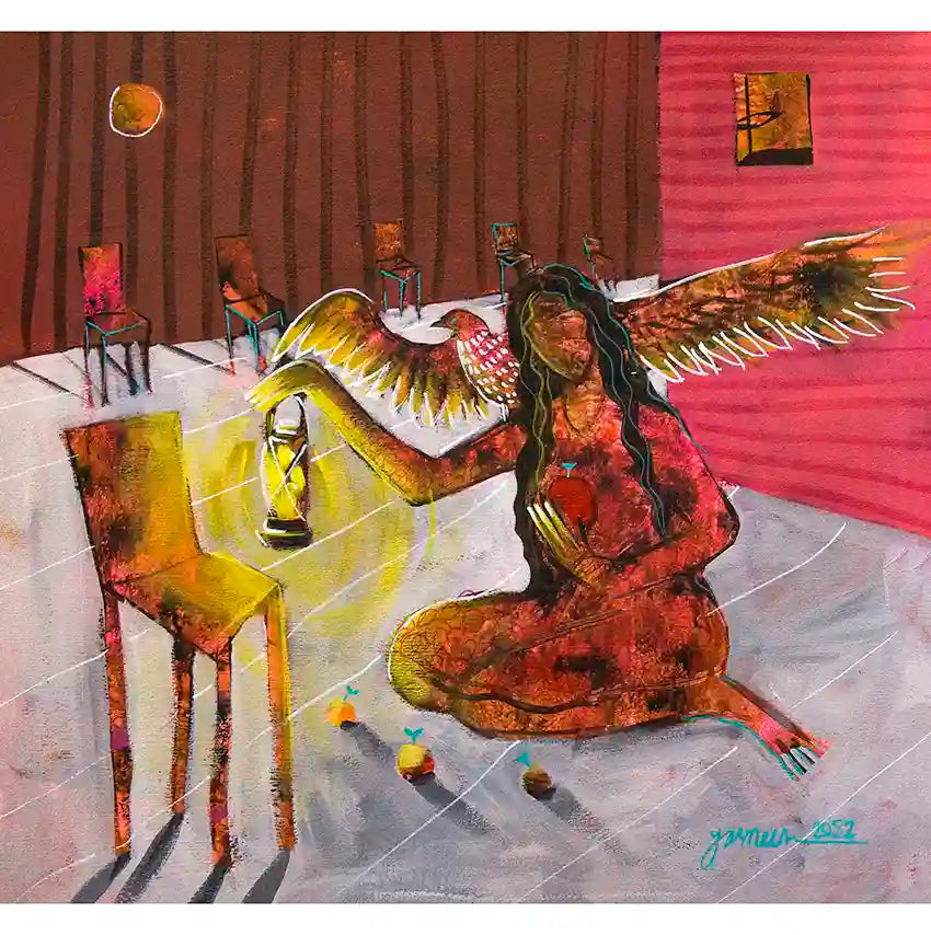 A Free Thought art print by Yasmeen Abdullah showing a bird and female figure with lantern in colorful interior setting