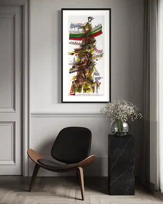The Calligrapher's Muse 5 art print displayed in modern interior with black chair and marble pedestal by Waleed Warag
