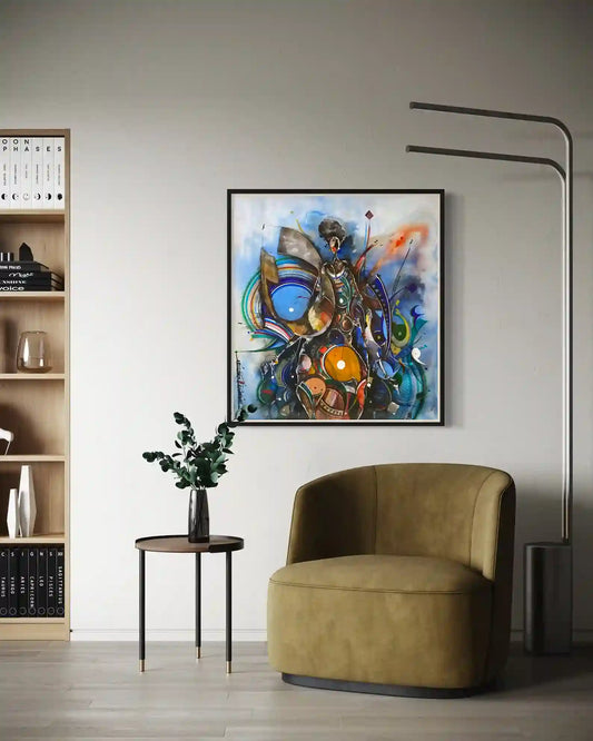 Cosmic Symphony by Mohamed Wraag mixed media art displayed in modern interior with black frame and contemporary furniture