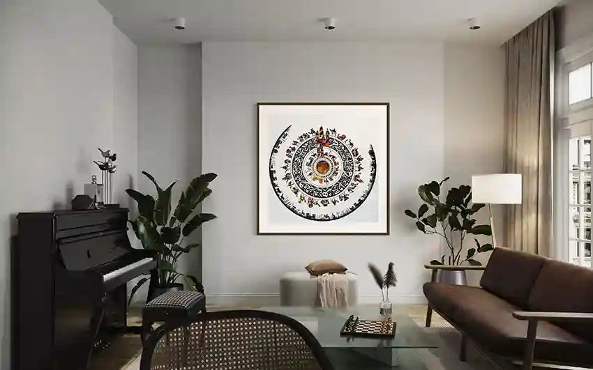 Cycle of Life 3 mandala art print by Gungalito in frame displayed in elegant living room with piano, sofa, and plants