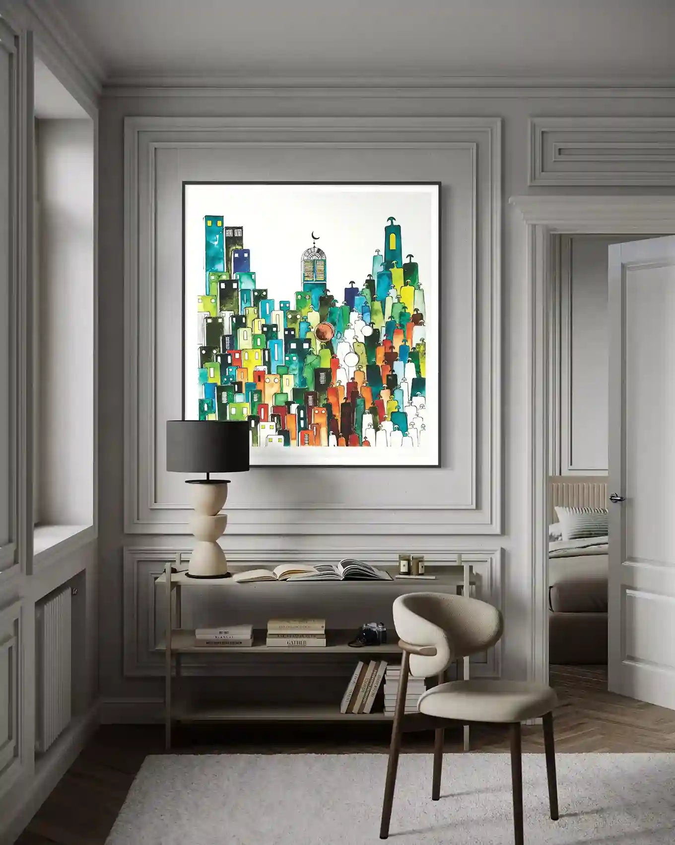 Hoolia by Gungalito framed cityscape print on paneled wall - colorful architectural art in elegant traditional entryway