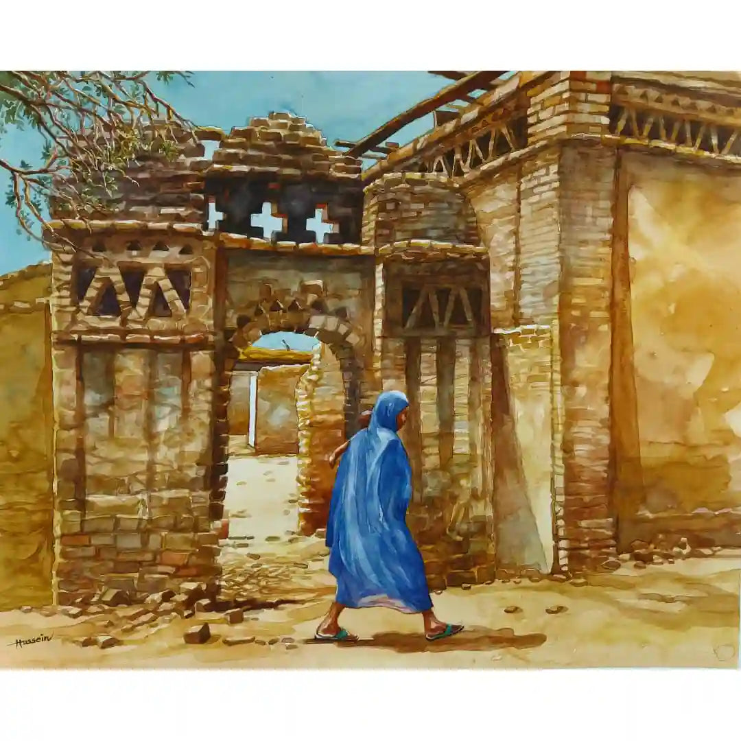 Nubian Echoes watercolor by Hussein Merghani showing Sudanese woman in blue robes walking past ancient buildings