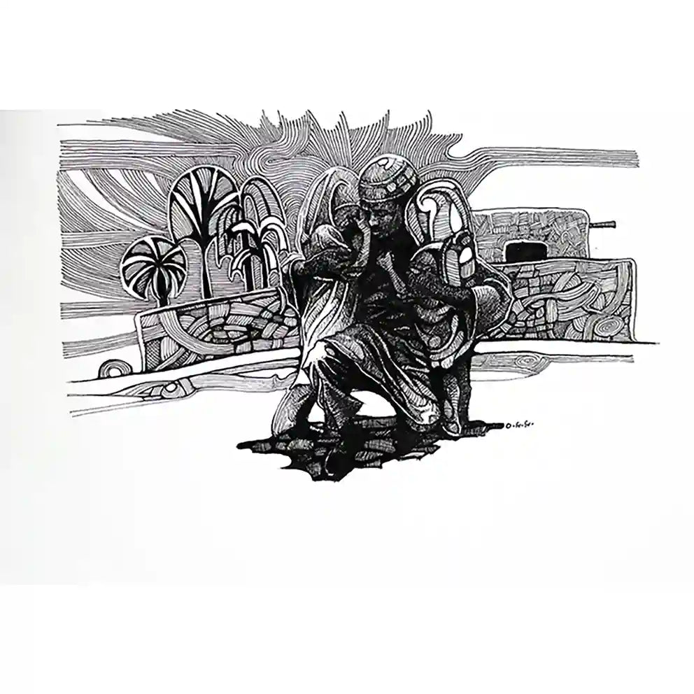 Father's Embrace ink painting by Sudanese artist Obada Gabir showing father embracing children, black ink on paper art