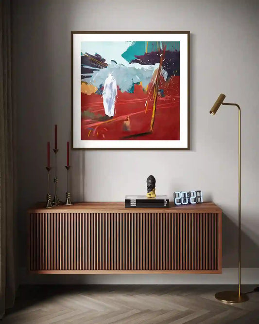 On The Way Back 3 by Bakri Moaz 70x70cm art print mockup in modern interior, displacement themed contemporary artwork