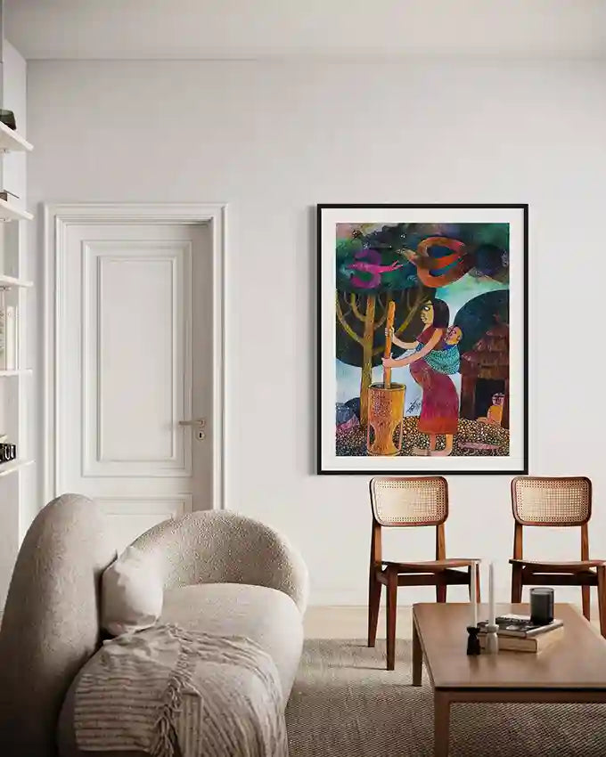 Sacred Rhythm" art print by Tariq Nasre displayed in minimalist living room with curved sofa and wooden cane-back chairs