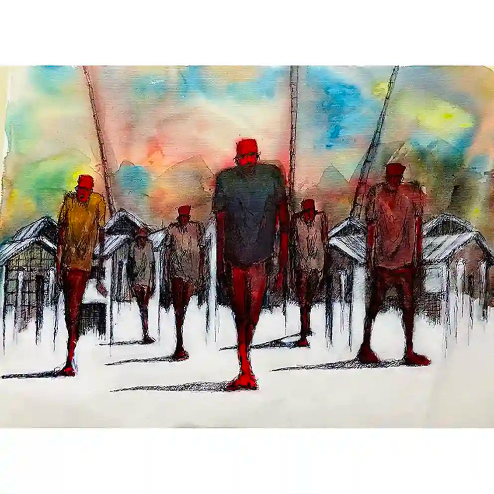 Travel Wide acrylic on canvas painting by Mujahid Alhadi featuring travelers with walking sticks in expressionist style