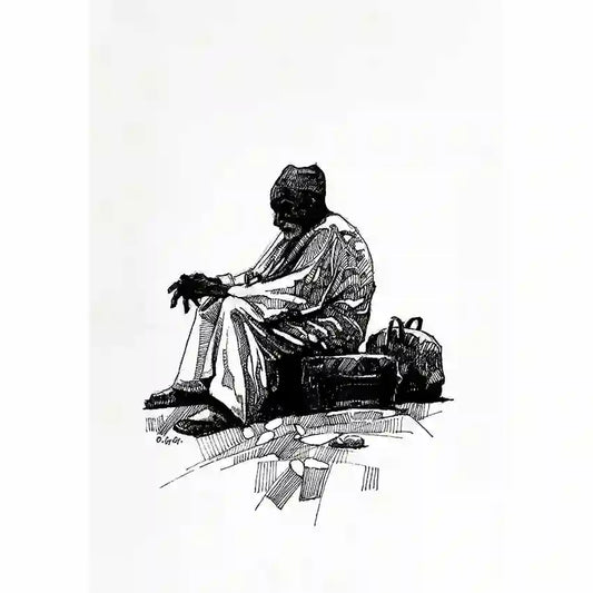 Black and white pen ink drawing of seated figure with basket by roadside, traditional crosshatch illustration art print