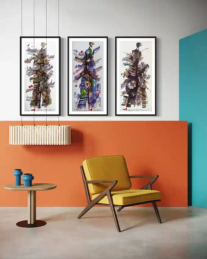 The Calligrapher Muses collection by Waleed Warag - three Arabic calligraphy art prints displayed in modern interior