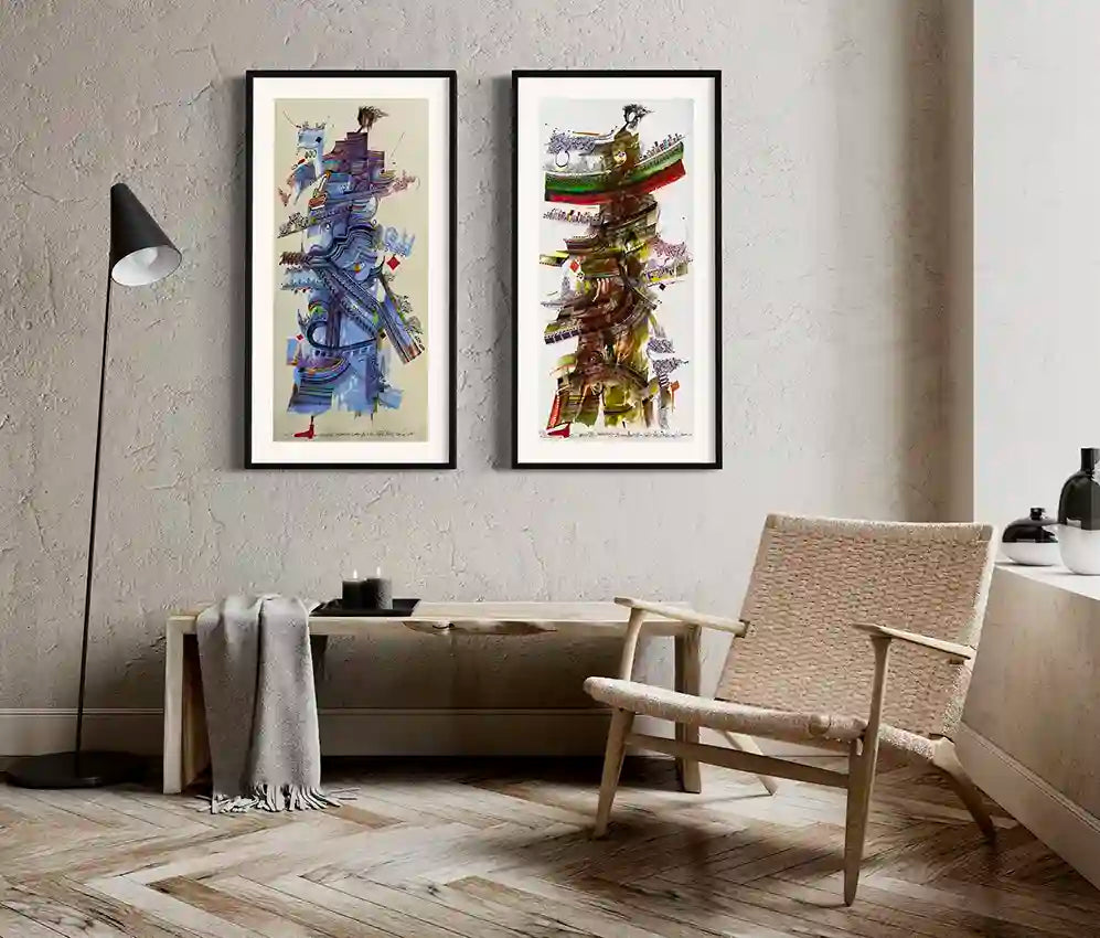 Two framed Waleed Warag Calligrapher's Muse art prints displayed above wooden bench in minimalist Scandinavian interior