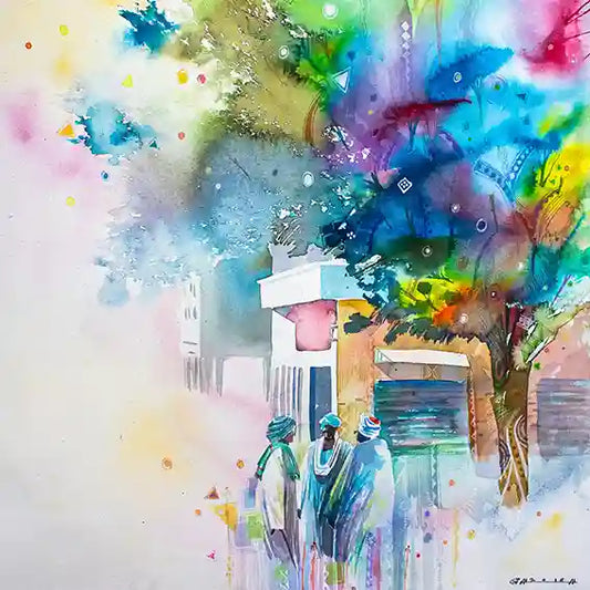 Colorful abstract painting of people walking under a colorful archway.