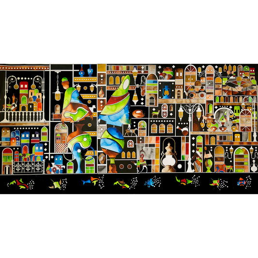 Colorful mosaic artwork with abstract figures and architectural elements on a black background