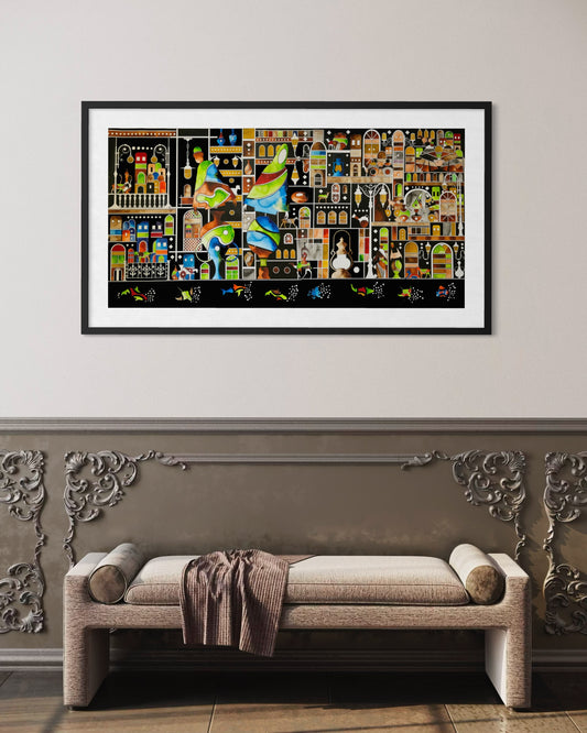 Framed abstract artwork on a wall above a bench