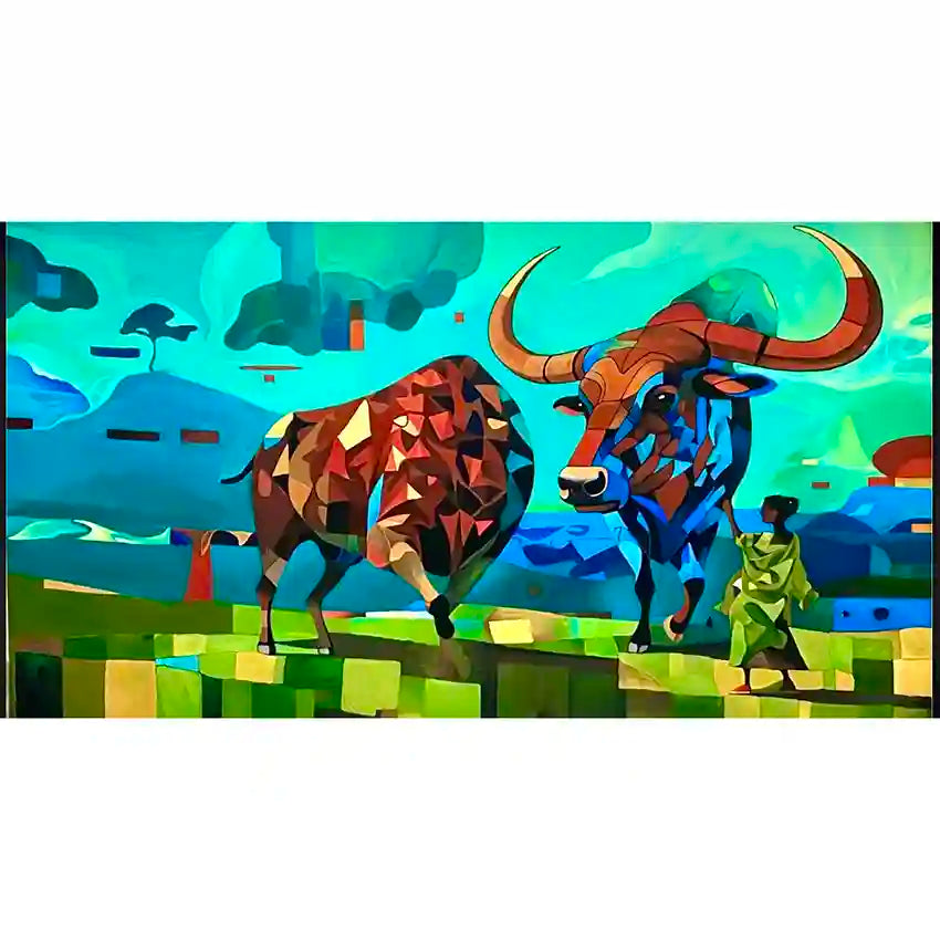 Acrylic painting by Abdlrhmn Alnoman 'Kordofan' showing cubist style bulls and figure in Sudan landscape - original art