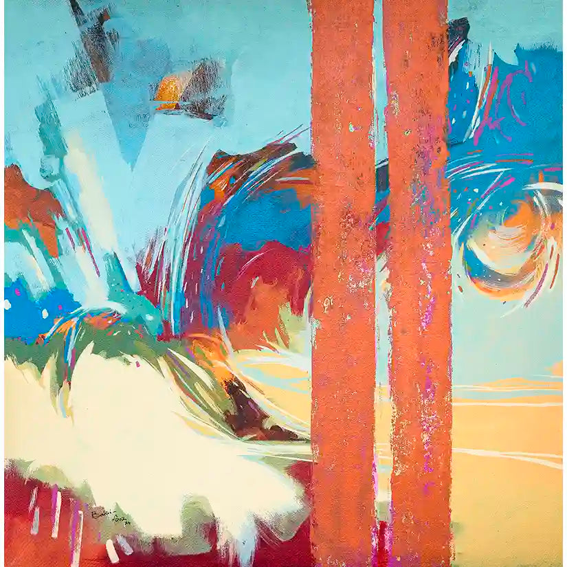 Abstract acrylic painting Within the City 1 by Abubakar Moaz featuring vibrant orange columns and swirling blue urban colors