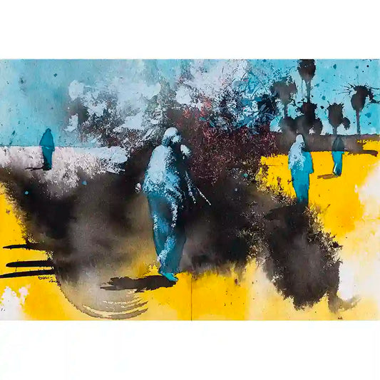 Remnants 3 by Bakri Moaz - mixed media painting of displaced Sudanese women in abstract forms, blue yellow background