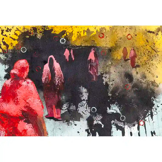 Remnants 4 by Bakri Moaz - mixed media painting of displaced Sudanese women in abstract forms, yellow background, gallery art