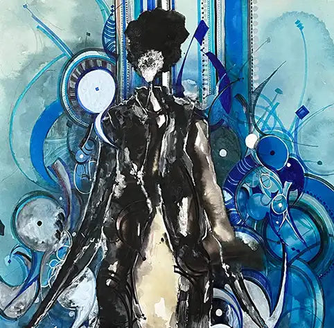 Blue Soul abstract mixed media painting by Mohamed Wraag featuring bold figure surrounded by mechanical circular blue forms
