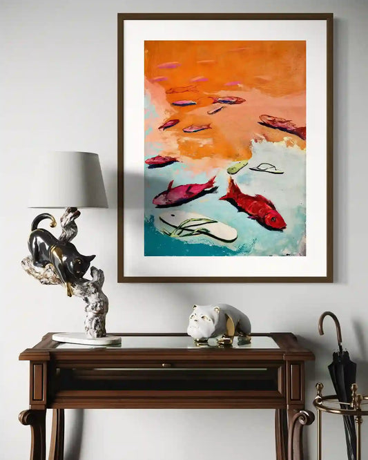 Coccyx 1 by Bakri Moaz framed artwork displayed above wooden console table with decorative objects in modern interior