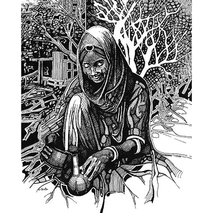 Coffee Maker by Sudanese artist Obada Gabir showing traditional coffee ceremony with Sudanese woman in black and white print