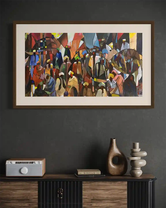 Conversations in Color framed art print by Omer Kamal displayed on dark wall above modern console with decorative objects