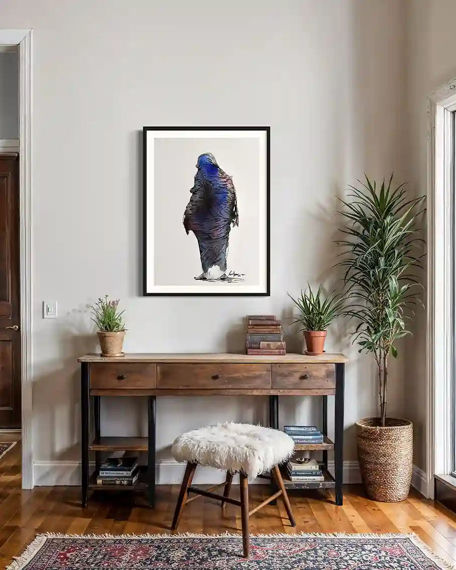 Daughters Nile 6 framed art print mockup console table stool plants books wall decor Yasir Algrai Sudanese woman art