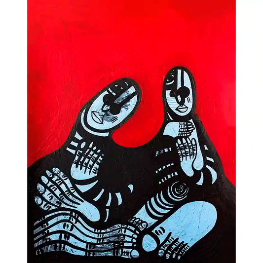 Art print "Family Portrait" by Usra Hamza showing two figures in black and blue against red background, contemporary art