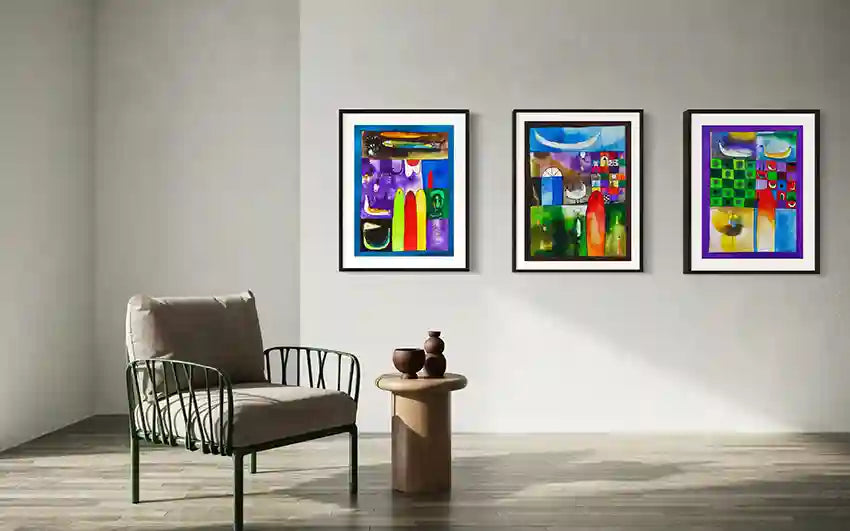 Fragmented Dreams triptych art prints by Abushariaa Ahmed displayed as three framed pieces in modern minimalist interior