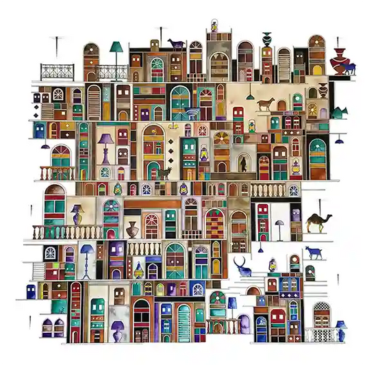 City Front 1 by Gungalito - acrylic painting of layered Middle Eastern architecture with ornate doors, windows and balconies
