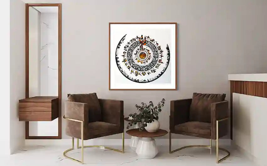 
Cycle of Life 3 mandala art print by Gungalito in wood frame displayed in modern lounge with brown armchairs and mirror