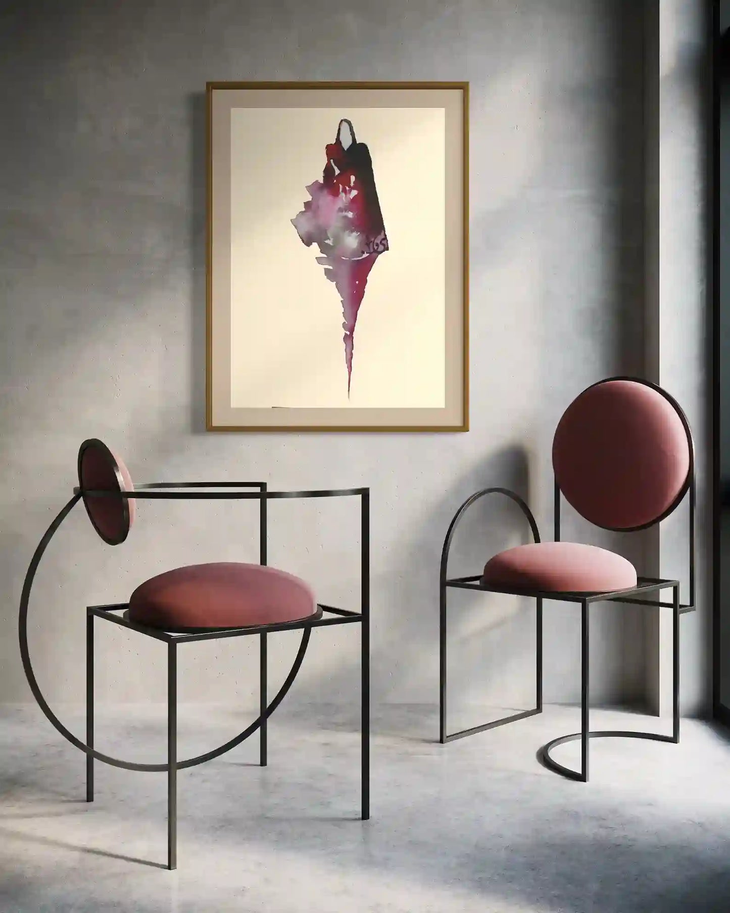 Lady From My Culture 2 by Gungalito in wood frame - Watercolor print styled with modern pink chairs and concrete floor