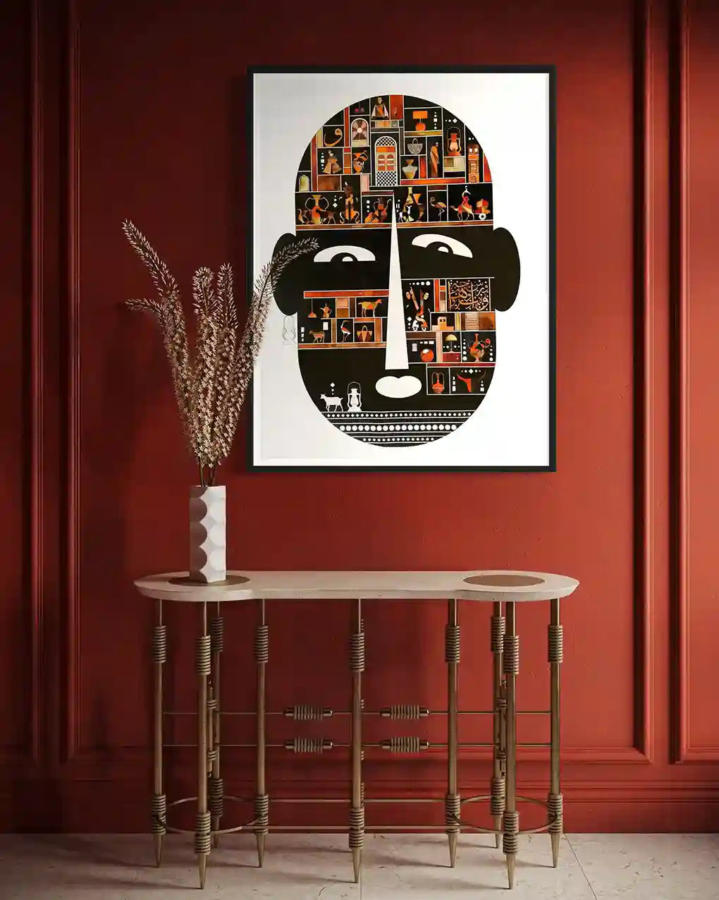 Mask of Life by Gungalito displayed in red interior - acrylic face silhouette painting with Middle Eastern cultural motifs

