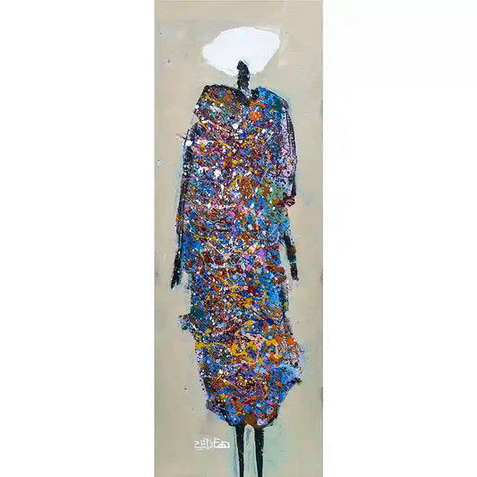 Sufi 7 abstract art print by Hani Khalil featuring tall standing  figure with golden paint splatters on neutral background