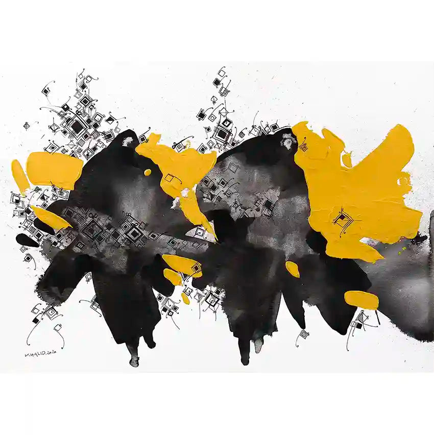 
Abstract art print Path of Mothers by Khalid Yan featuring two Sudanese female figures in black ink with golden yellow accents