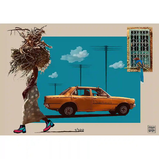 Khartoum digital collage art print Sudan taxi woman carrying grass traditional window bird electricity poles urban Africa