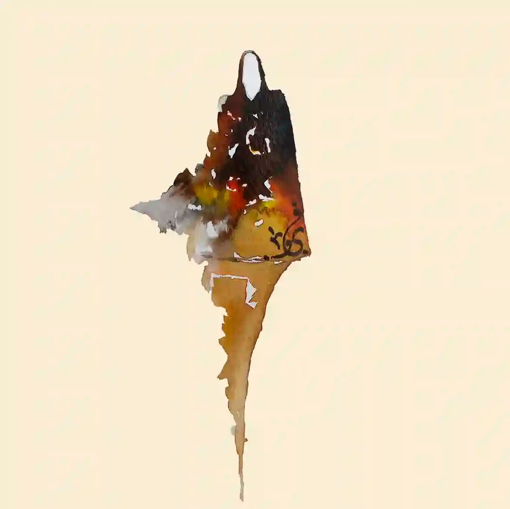 Watercolor art print Lady From My Culture 1 by Gungalito featuring traditional dress in warm tones, cultural fashion artwork