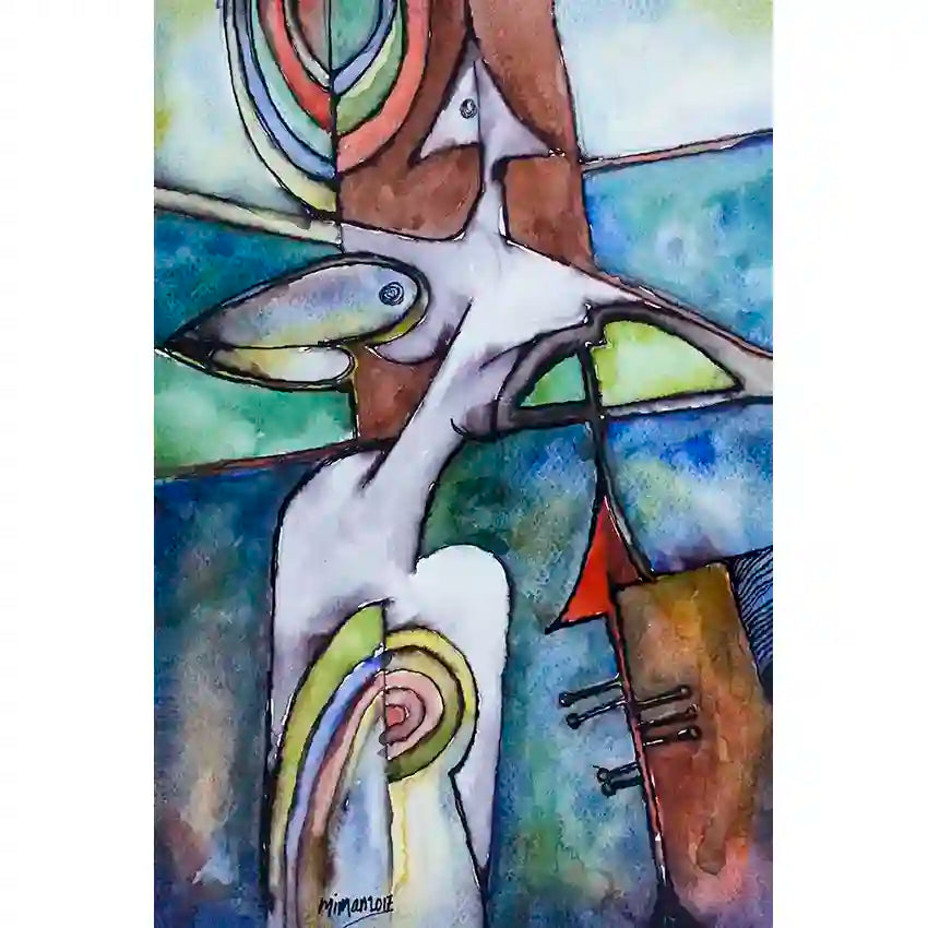  Migration by Mummar Mekki - abstract art print featuring flowing organic shapes in blues, greens and earth tones at Mojo Gallery