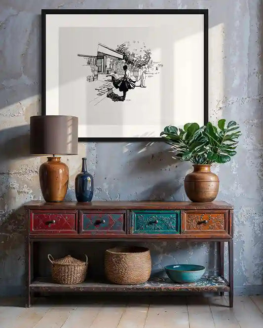Moment in Time by Obada Gabir black and white art print displayed in modern bohemian living room with colorful vintage console table