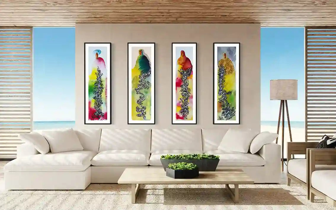 Night Woven 2 prints by Gungalito as four-piece gallery wall in black frames above white sofa in coastal modern interior
