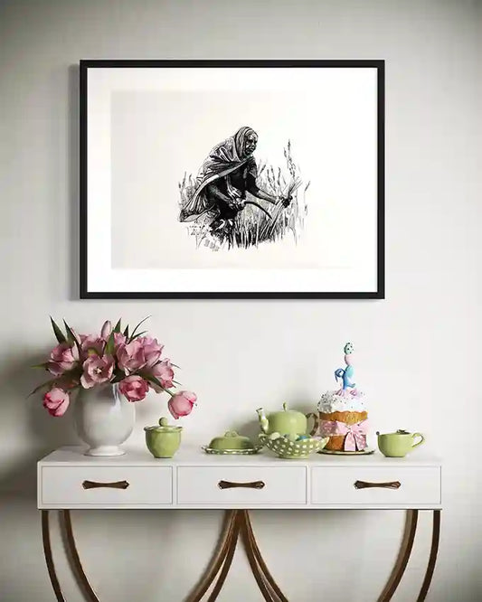 Among The Grasses art print by Obada Gabir displayed in black frame above white console table with pink flowers and green tea set in elegant dining room