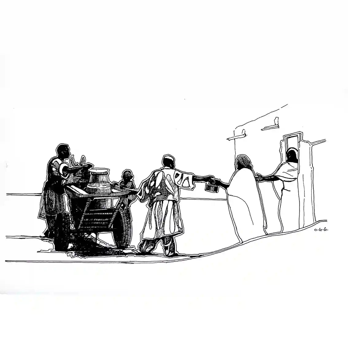 Ink painting by Obada Gabir 'The Milkman' - traditional milk delivery scene with donkey cart and waiting customers
