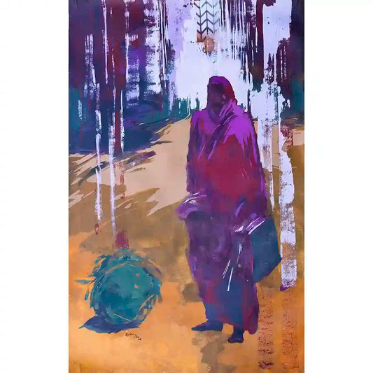 'On The Way Back 7' art print by Bakri Moaz showing displaced figure in purple robes walking with belongings, displacement theme