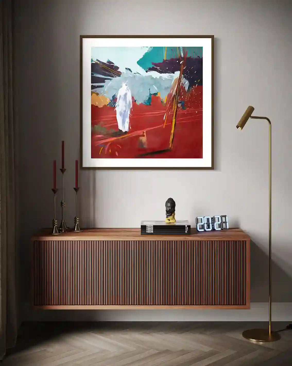 On The Way Back 3 by Bakri Moaz 70x70cm art print mockup in modern interior, displacement themed contemporary artwork