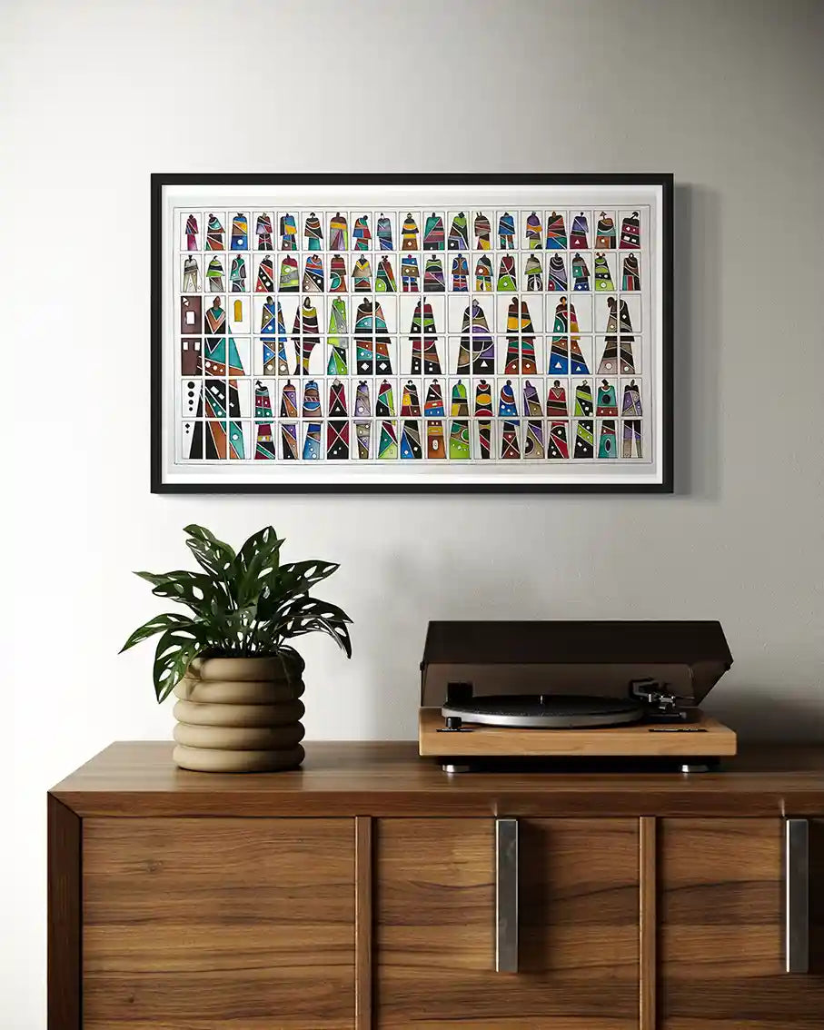 
People Of The World 2 by Gungalito framed above credenza with record player abstract figures grid art modern home decor
