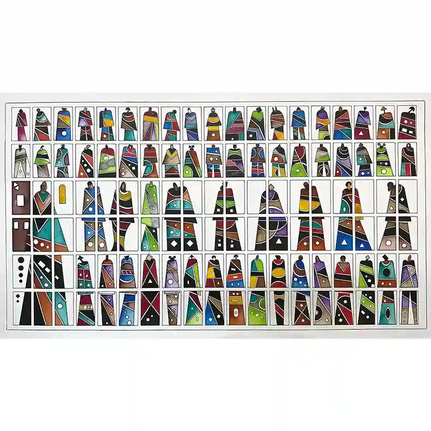 
People Of The World 2 by Gungalito acrylic painting grid of abstracted figures geometric patterns colorful canvas art
