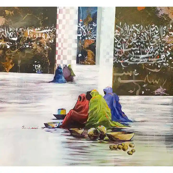 Rainbow Poetry art print by Omer Kamal - acrylic  painting of three women in colorful robes with Arabic calligraphy background