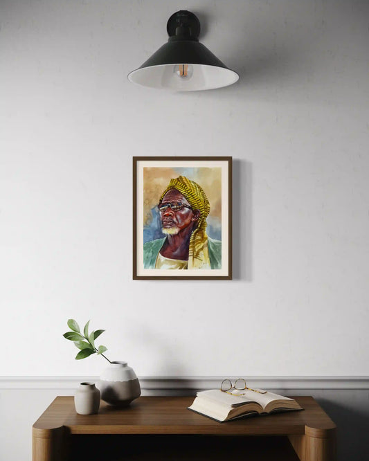 Reflections watercolor by Hussien Merghani in modern interior with wooden frame, pendant light and minimal decor
