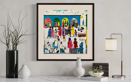 Souk Fragments 10 by Ahmed Alnahas original acrylic painting mockup showing vibrant Sudanese market scene in black frame