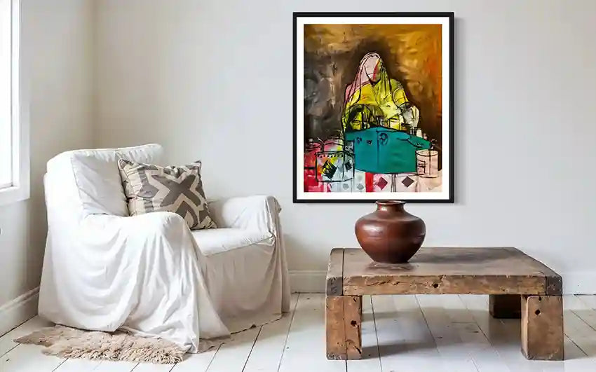 The Tea Lady art print by Abdelmageed Afifi displayed in modern living room with white chair and wooden coffee table